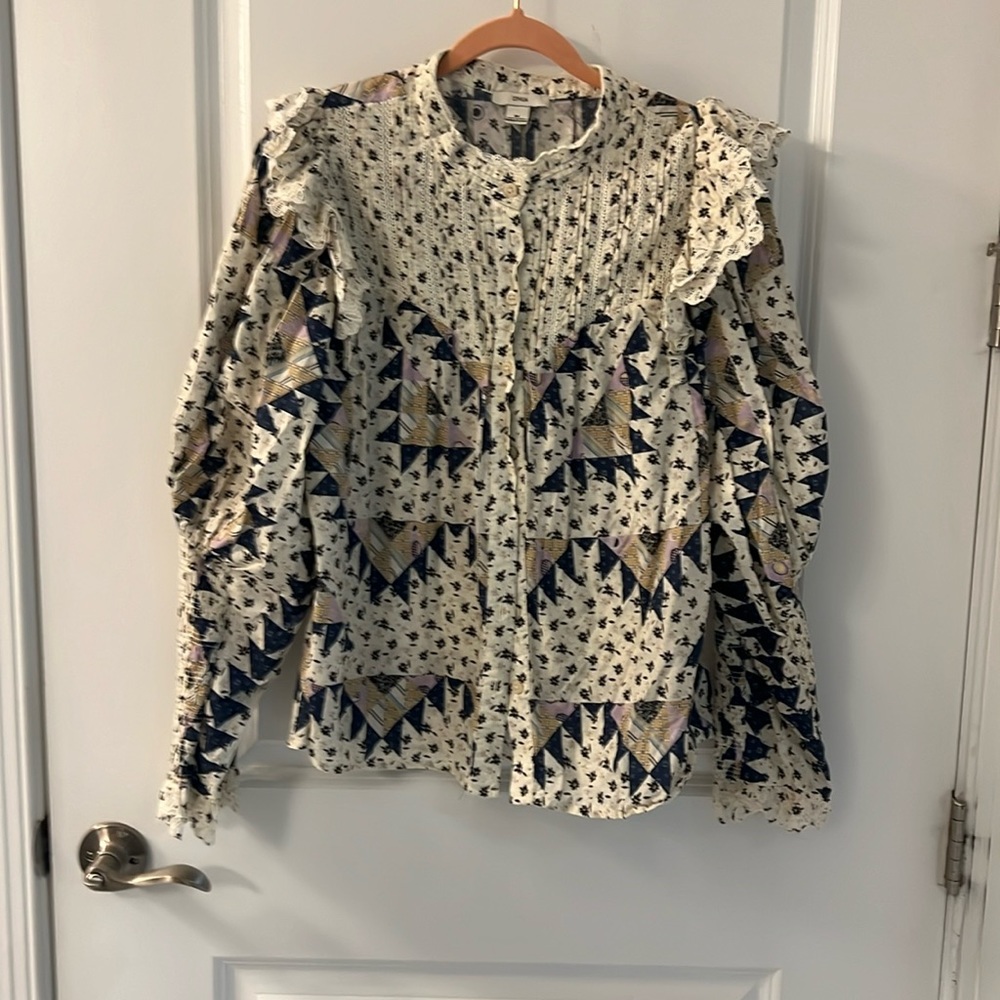 Button down blouse from Anthropologie size M lace trim  balloon sleeve